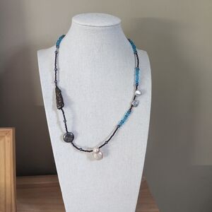 Elegant Multicolored Freshwater Pearl And Blue Glass Necklace